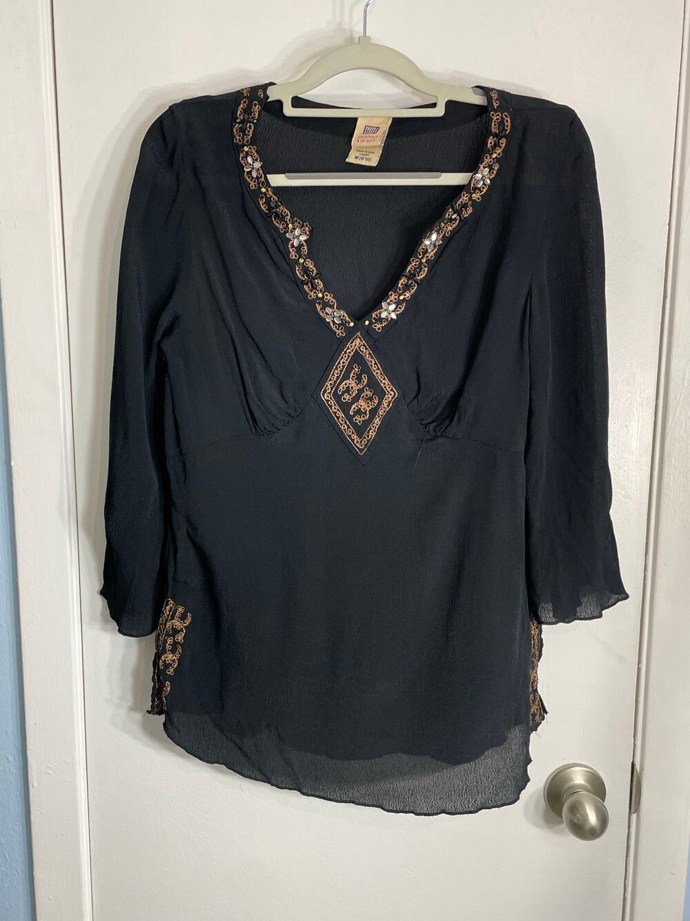 Y2K Vintage Faded Glory Babydoll Blouse Medium Whimsigoth Phoebe Embroidered